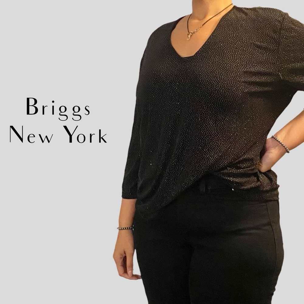 BRIGGS NEW YORK Black Sparkle Glitter 3/4 Sleeve V Neck Top Plus Size 2X